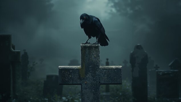 Perching black crow standing on stone cross in graveyard grass and tombstones, mist drifting