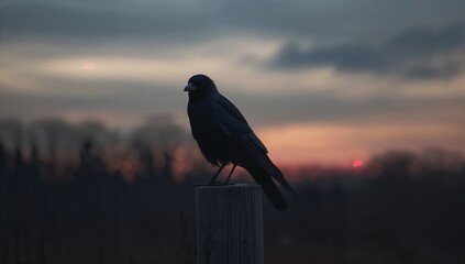 Perching black crow overlooking rural field at dusk, with wooden post, sun sinking and treeline