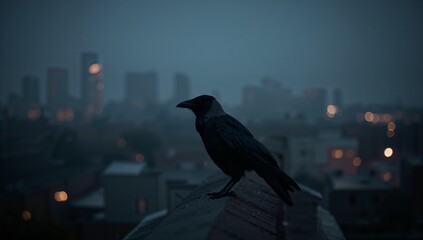 Perching hooded crow surveying damp tiled rooftop at dusk, with blurred city lights