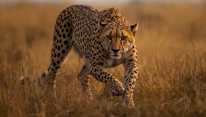 Naklejka premium Stalking solitary cheetah moving through tall dry grass in savannah grassland, golden-hour lighting