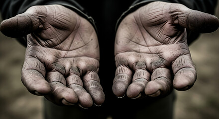 Weathered, dirty, open hands reflecting arduous labor, poverty, and the enduring human spirit