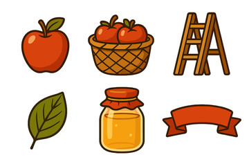 Set of autumn harvest icons featuring apples, basket, ladder, leaf, honey jar, and decorative ribbon banner