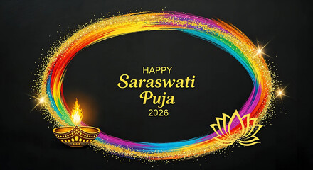 Happy saraswati puja 2025 greeting with colorful glittery oval frame, diya, and lotus flower