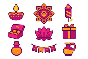 Colorful traditional icons representing the Hindu festival of Diwali including diya lamp, sweets, and gifts