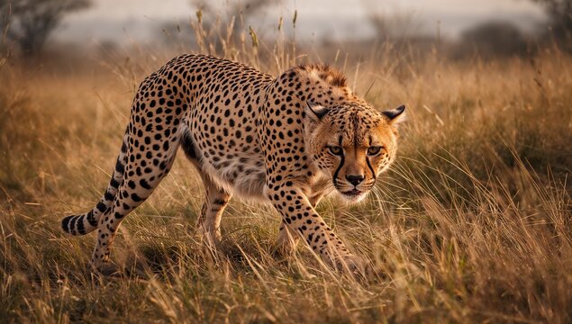 Solitary cheetah prowling in tall golden grass on savanna plain, golden hour light - Powered by Adobe