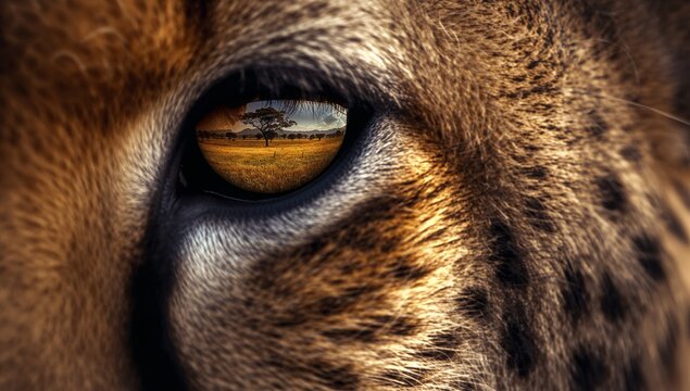 Reflecting cheetah's eye showcasing savannah plain in sunlight, with acacia tree and grazing herd