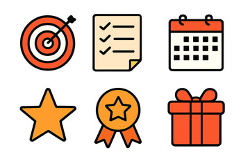 Business success concept icons set including target, checklist, calendar, star, award, and gift box