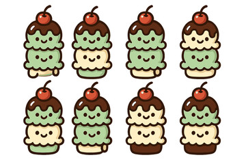 Eight adorable stacked ice cream characters with chocolate sauce and bright red cherries