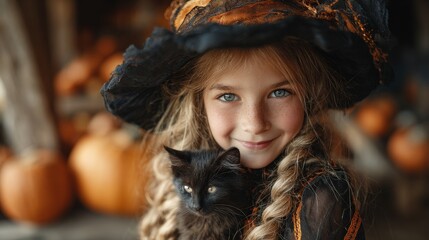 A young Caucasian girl with long blonde hair wears a witch costume and a black hat. She holds a small black kitten. Pumpkins are in the Halloween background.