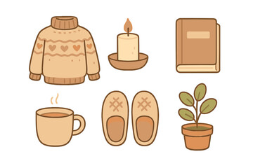 Warm sweater, lit candle, book, steaming coffee mug, slippers, and houseplant essentials