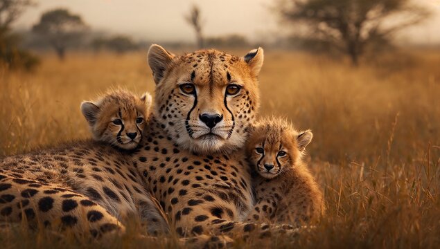 Resting mother cheetah and two cubs lying in tall golden savannah grass, under warm-toned sky - Powered by Adobe