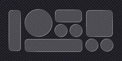 Transparent Glass shape set. Light frame liquid glass, glass panel set for mobile and web app, White ui light frame square and circle banner. HUD design element interface,.vector illustration