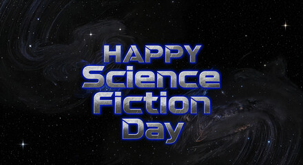Happy science fiction day text with stars and nebula background