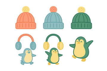 Adorable cartoon penguins wearing colorful knitted winter hats and earmuffs