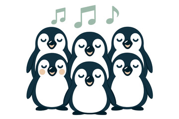 Fototapeta premium Cute cartoon penguins singing together in a choir group with musical notes floating above their heads