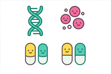 Colorful medical and biological set featuring DNA structure, happy cells, and smiling medicine capsules