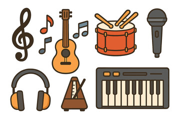 Collection of musical instruments and audio equipment including keyboard guitar drum and microphone