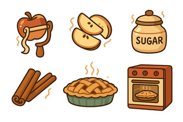 Homemade apple pie baking process icons showing ingredients and preparation steps