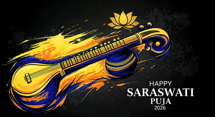 Vibrant illustration of a veena with a lotus, celebrating saraswati puja