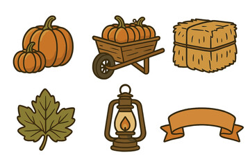 Rustic autumn harvest symbols featuring orange pumpkins, wooden wheelbarrow, hay bale, green leaf, and old kerosene lamp