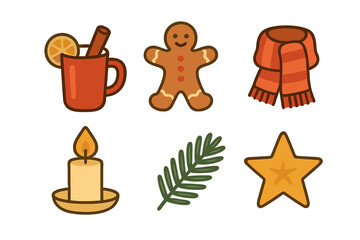 Cozy winter and Christmas symbols set including gingerbread man, hot drink, and candle
