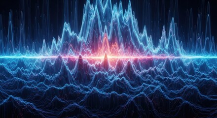 Abstract glowing sound wave visualization with red and blue colors