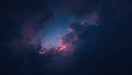 Illuminated cloud opening revealing violet pink glow in open sky, with dense dark storm clouds