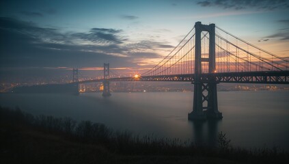Spanning suspension bridge casting glowing flare across bay at twilight, with grassy hillside