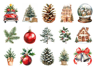PNG Festive Christmas watercolor illustrations collection, element set on transparent background