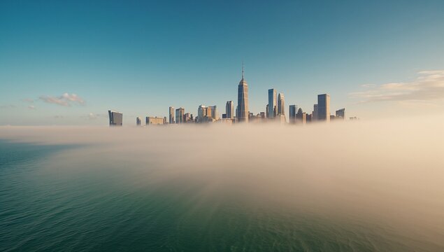Rising modern skyscrapers piercing dense fog at harbor bay, with calm water reflections