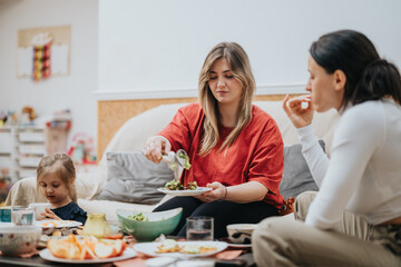 Two women and a young girl share a meal in a lively and cozy home environment. The setting captures a moment of togetherness, conversation, and enjoyment over food.
