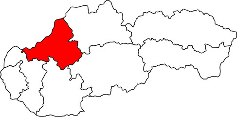 Obraz premium Detailed vector map of Slovakia highlighting Trenčiansky kraj, a Western Slovakia territory centered on Trenčín, known for its significant historical castles, spa towns, and river valley location.