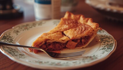 Showing brown vegetable pie slice lying on ceramic plate on wooden dining table, with metal fork
