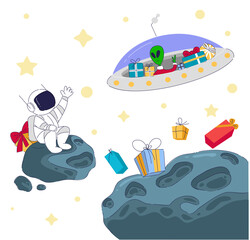 An astronaut waves at an alien spaceship on an asteroid, creating a colorful, festive scene