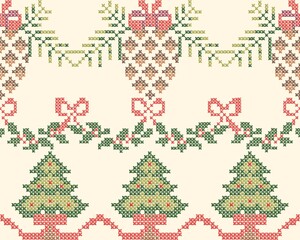 Christmas Cross Stitch Pattern with Tree and Ribbon Motifs. A cozy and nostalgic design perfect for holiday decor, greeting cards, wrapping paper, or festive textile projects.