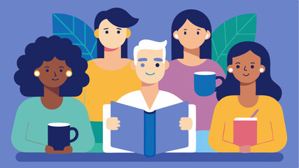 Neighbors engage in a book club through a group video chat animatedly discussing their latest read while sipping tea or coffee.