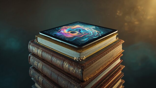 Resting tablet displaying galaxy wallpaper atop book stack in studio, highlighting gilded edges - Powered by Adobe