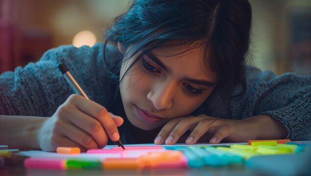 Leaning Asian woman writing on neon-colored sticky notes on home office desk, with black pen