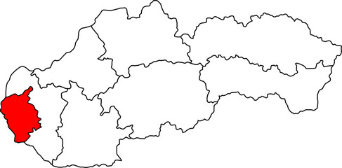 Detailed vector map of Slovakia highlighting Bratislavský kraj, a Southwestern Slovakia territory centered on Bratislava, known as the nation's capital, economic, and administrative center.