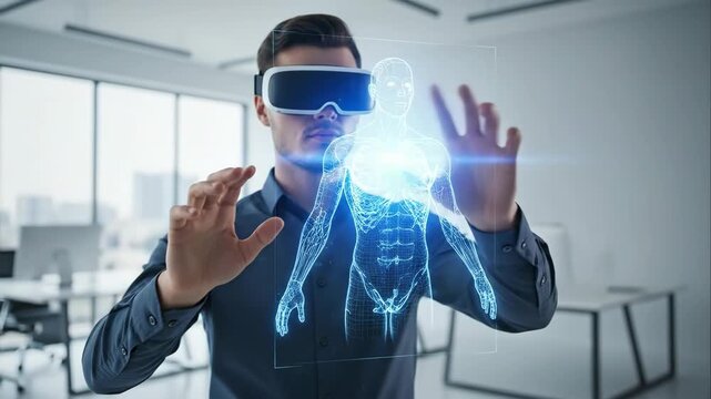 Man in VR headset interacting with holographic human skeleton. Virtual reality anatomy study in modern office. Digital medical visualization and augmented reality education footage.