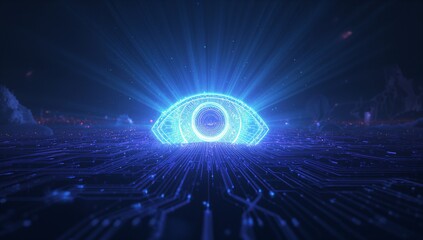 Neon blue eye icon radiating light via circuit grid in cyber realm, with data clusters, lights