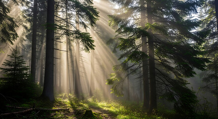Sunlight Filtering Through Trees in a Lush Forest.