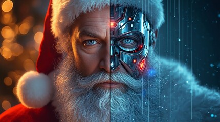 Cinematic portrait of half human and half cyborg Santa Claus blending Christmas spirit with futuristic AI technology — concept of holiday transformation and digital evolution