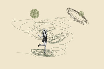 Whimsical collage with person on abstract doodle sketches entrepreneur imagination fun cartoon dance leisure rest emotion