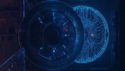Rotating disk with concentric rings glowing blue red inside dark chamber, with neon circuit board