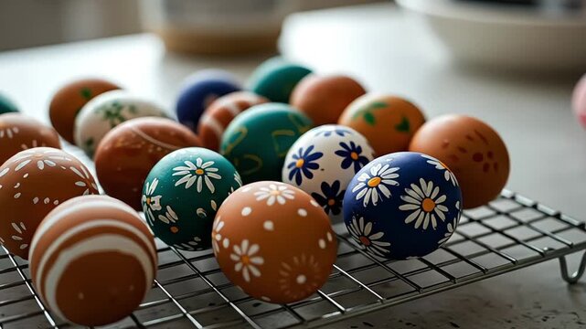 Beautifully hand-painted Easter eggs with intricate floral and geometric designs on a wire rack.
