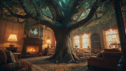 Massive tree trunk rising over rug in sitting room, with fireplace, bookshelves and draped windows