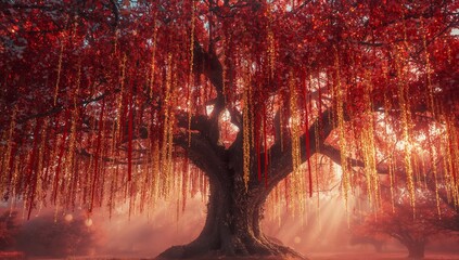 Standing red leafed tree with twisted trunk in forest clearing, with sunbeams and red gold strands