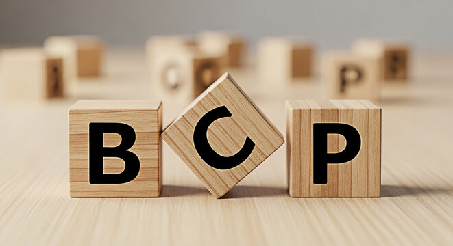 Wooden blocks spelling bcp on a light wood surface creating a business concept for business continuity plan and related financial planning