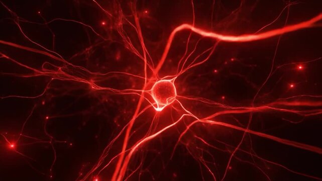 Abstract glowing red neuron cell with branching dendrites and synapses in dark space brain nerve - Powered by Adobe